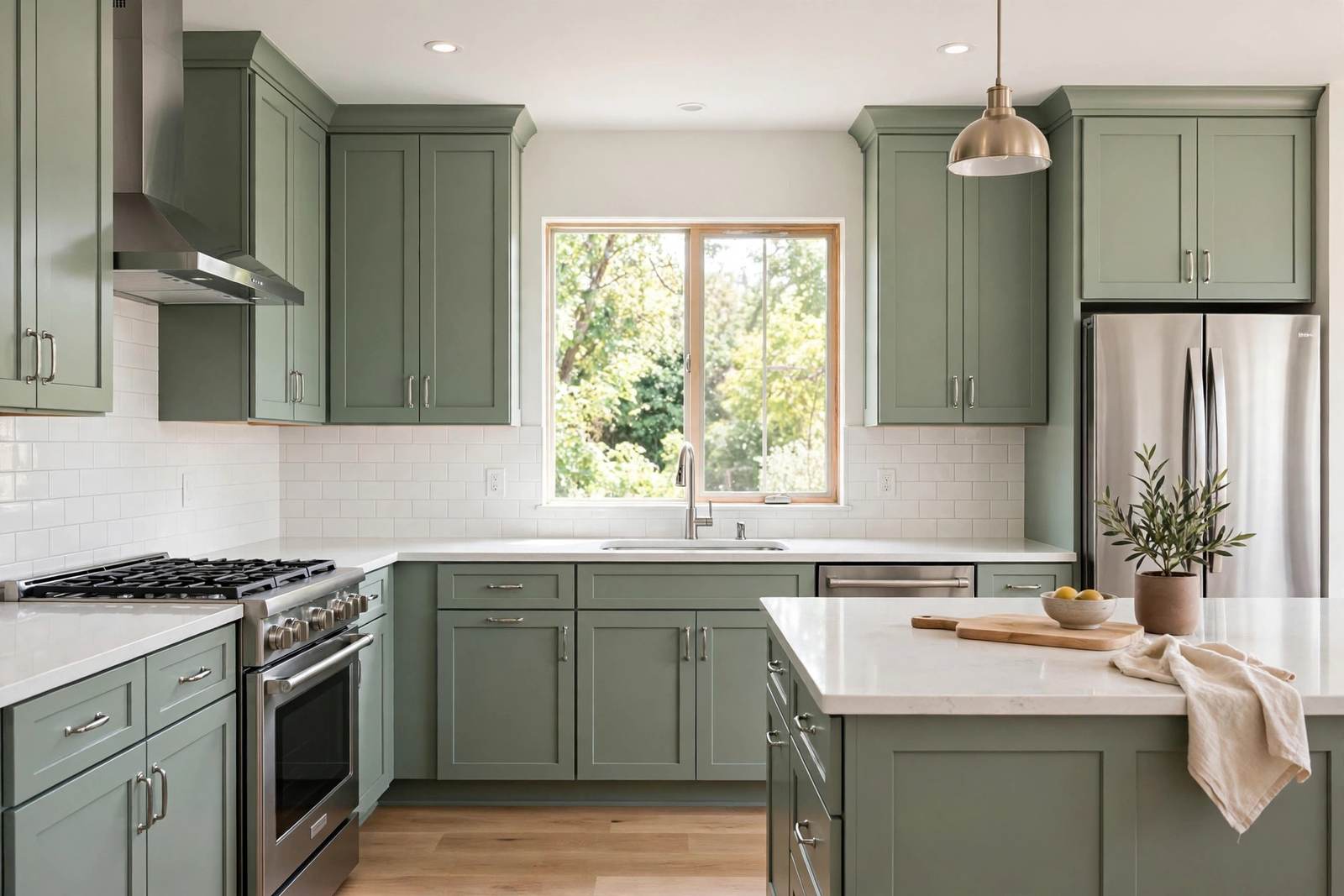 Freshly painted sage-green kitchen cabinets with a smooth sprayed finish in an Orlando home
